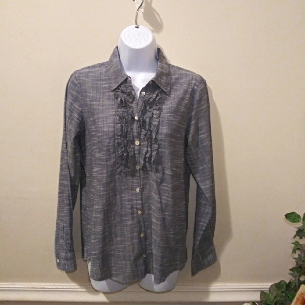 Orvis Marled Navy & White Ruffled Front 100% Cotton Button Down Shirt
